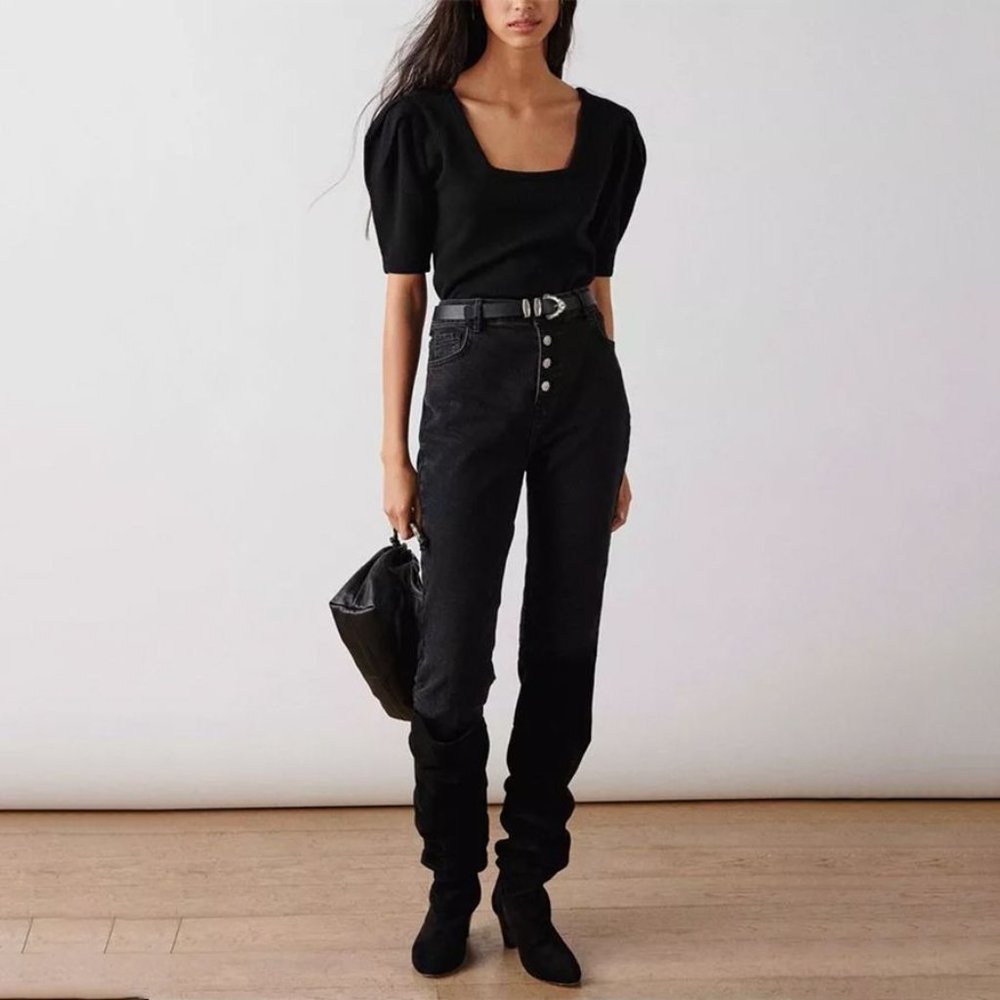 BA&SH Black Scott‎ Crystal Button Straight-Leg Jeans US Sz 6